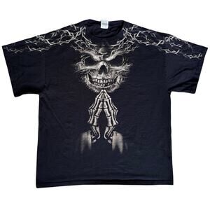 Delta Pro Weight Men's Praying Skull Shirt Skeleton Hands Retro Goth‎ XL, Black